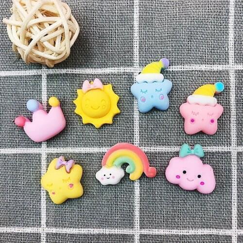 6Pcs Around 20mm 7Kinds Sun Clord Stars Charms Flat Back Glue Set Cartoon Sleeping Star Crown Charm Jewelry Decorat