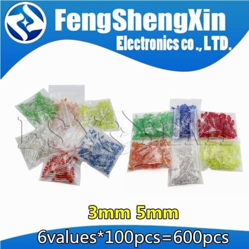6values Colors*100pcs=600pcs 3mm 5mm LED F5 F3 Red Green Yellow Blue White Orange LED Diffused Light-Emitting Diode 3V Lamp Kit
