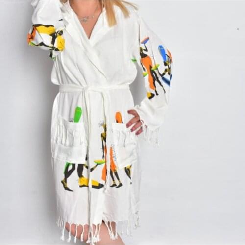 White White Bamboo Afro Printed Pattern Peshtemal Robe Beach Dress