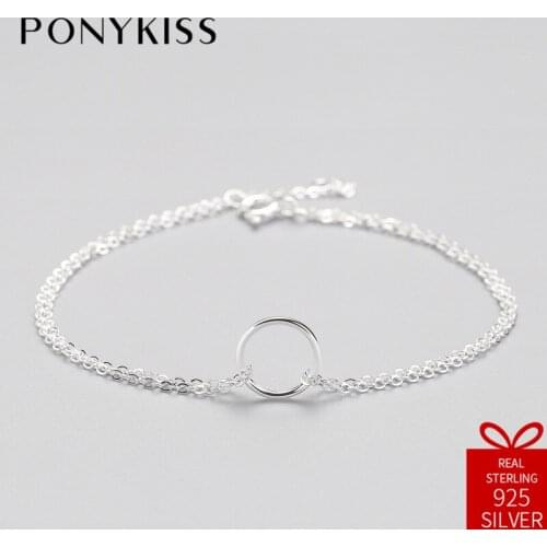 PONYKISS Trendy 100% S925 Sterling Silver Cute Geometric Simple Round Bracelets Fine Jewelry Women Creative Birthday Party Gift