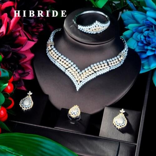 HIBRIDE Luxury Design Pendant Double Tone Dubai Big Jewelry Set CZ Earrings Necklace Women Bridal Jewelry Set Party Gifts N-903