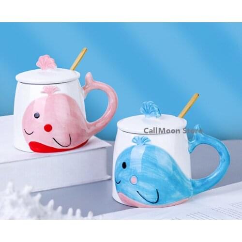 Ceramic Cute Whale Mug Creative Coffee Cup with Lid Spoon Pink Blue Ceramic Mug Milk Cups with Handle 400ml Drinkware Nice Gifts