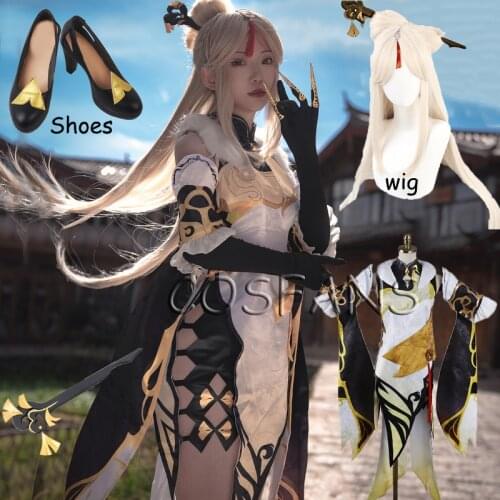 Game Genshin Impact Cosplay NINGGUANG Costume Halloween Cosplay Party Dress For Women Girls Full Set Wigs and shoe headwear