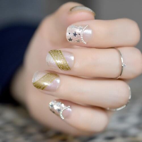 Small Short Oval False Nails Clear Glitter Star Decoration Artificial Nails for Childrent Students Nail Art Tips