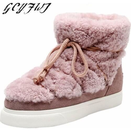 Womens Mid Calf Boots Round Toe Lace-Up Flat Platform Shallow Plush In Warmest Snow Boots Flock Winter Increase Female Shoes