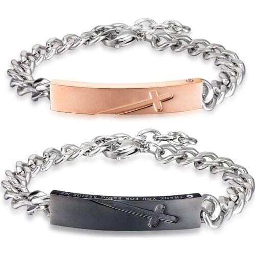 Trendy Black Rose Gold Color Lovely Couple Bracelets Men&Women Cross Design Valentines Day Gift Hands Jewelry