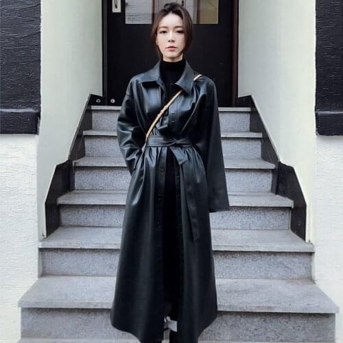 2021 New Korean PU Trench Women Fashion Loose Thin Long Sleeved Coats Woman Autumn Long Leather Jacket Plus Size
