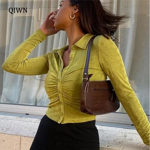 New Long Sleeve Ruched Sexy Tops Women Turn-Down Collar Button Shirt Top Female Elegant Solid Skinny Blouse Streetwear