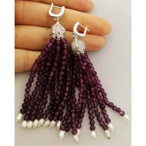 One pair white freshwater pearl purple jades round faceted nature tassel earrings FPPJ wholesale beads