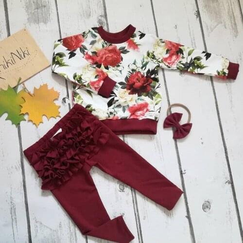 Pudcoco Newborn Baby Girl Clothes Long Sleeve Flower Tops+ Ruffle Pants Leggings+Headband 3PCS Outfits Baby Clothes 0-24Months