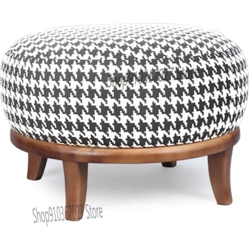 Light luxury fabric saddle stool black and white houndstooth stainless steel bench home living room metal pedal solid wood stool