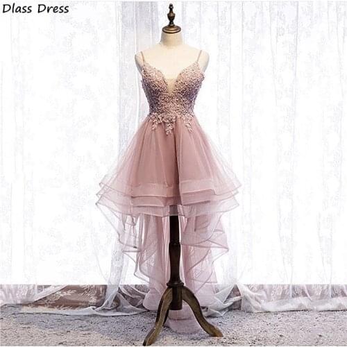 Pink Homecoming Dresses Short Front Long Back Appliques V-neck Sexy Spaghetti Strap Backless Evening Dress vestidos de cóctel