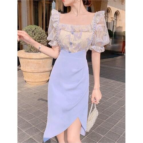 SWEETXUE 2 Piece Sets Womens 2021 Summer Lace Shirt Fairy Blouse Female Summer French Strap Temperament Skirt OL Outfits