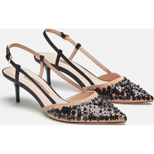 Women pumps shoes pointed toe shallow high heels sandals beading sequins flower decoration trend sandales buckle slingback shoes