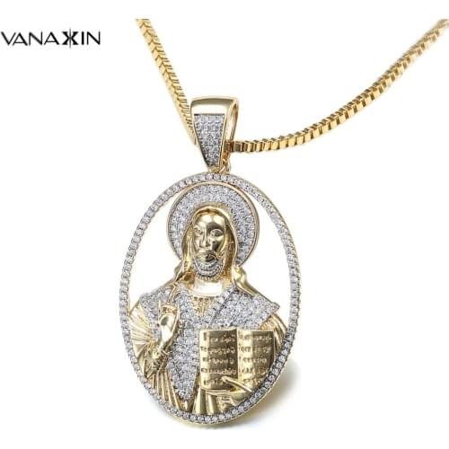 VANAXIN Vintage Jesus Bible Pendants&Necklaces Paved CZ Inlaid Hip Hop Wholesale Jewelry Oval Necklace Men Gold/Silver Color