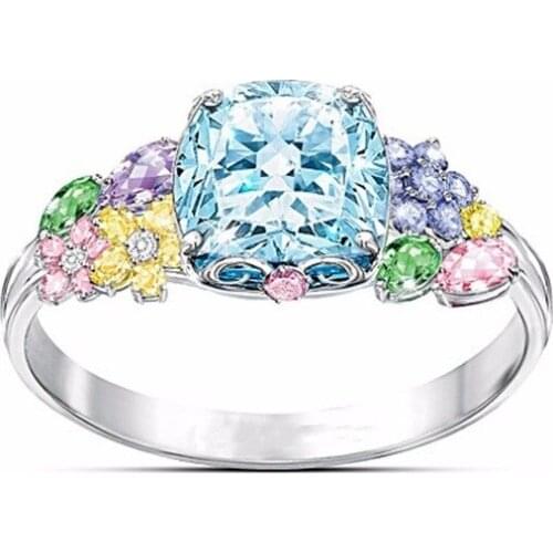 WYJZY WYJZY Multi-Color Crystal Square Princess Ring Lady Exquisite Engagement Ring Fashion Trinket Jewelry