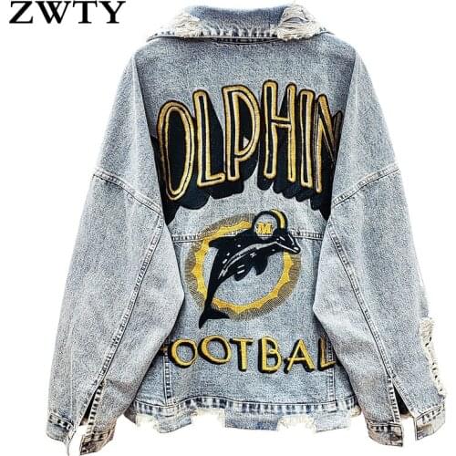 ZWTY Streetwear Style Print Womens Denim Jacket Coat Diamonds Hole Jeans Outwear Female Spring Autumn Casual Loose Cowboy Outw