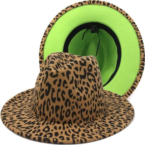 Womens color matching leopard print wool jazz hat autumn and winter wide brim fedora hat flat brim hat mens wedding hat