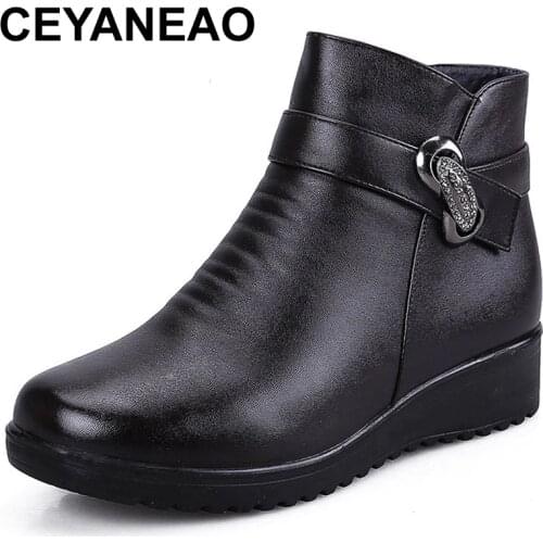 CEYANEAO2019Fashion Winter Shoes womens genuine leather ankle Wedges boots Casual Comfortable Warm Woman Snow BootsE1613