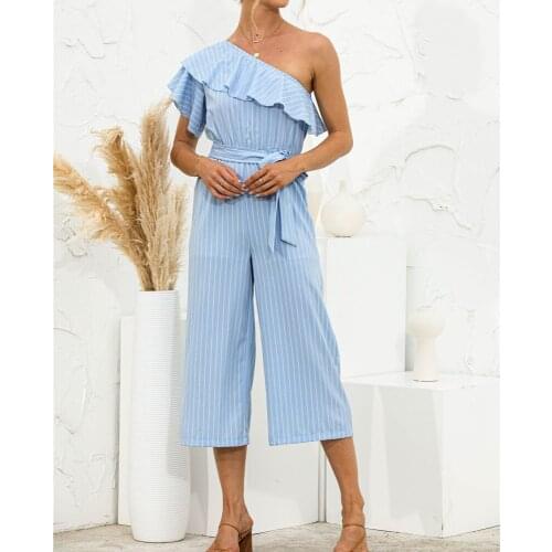 Slanted Shoulder Ruffle Striped Jumpsuit Women Summer Sashes Lace-up Wide Legs Pants Beach Boho Romper Fashion Streetwear 2021