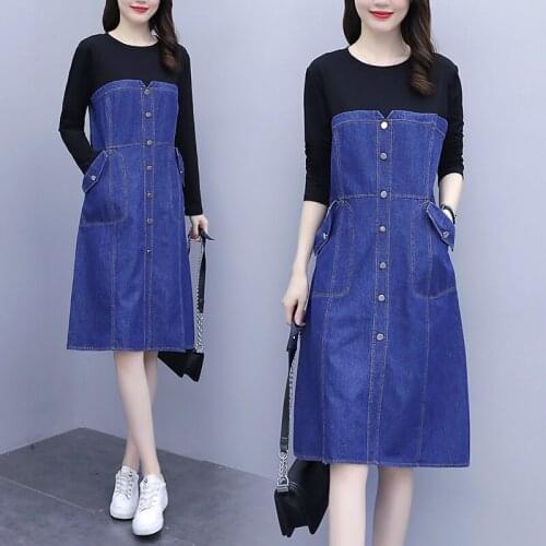 Womens Loose Casual Patchwork Dress Long Sleeve Autumn Black Blue Patchwork Blouses Blusas Slim Party Birthday Dresses Clothes