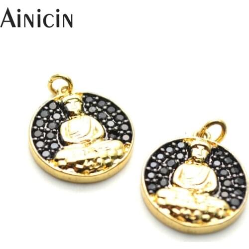 10pcs 14mm Gold Guanyin Practise Meditation Charms New Arrival Black Rhinestone Setting Buddha Pendants