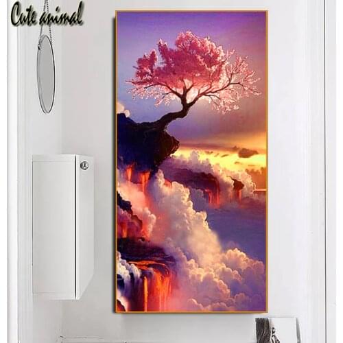 5D DIY Diamond Painting Sunset tree,Japanese cherry blossom scenery cross stitch full square/round diamond mosaic embroidery