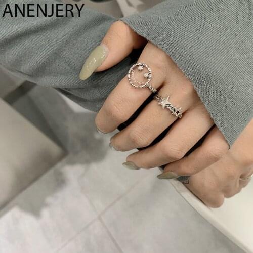 ANENJERY 925 Sterling Silver New Fashion Hollow Smiling Face Pentagram Thai Silver Ring Star Open Finger Ring For Women S-R647