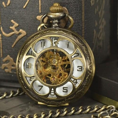 TIEDAN Flower Bronze Retro Vintage Mechanical Hand Wind Pocket Watch Classic Elegant Hollow Skeleton Pocket & Fob Watch Relogio
