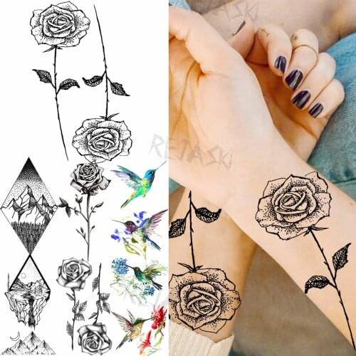 Black Rose Wrist Temporary Tattoos For Women Adult Geometry Mountain Sea Hummingbird Fake Tattoo Body Art Decoration Tatoo Paper