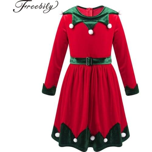 Kids Girls Christmas Cosplay Xmas Elf Costume Children Winter Red Soft Thin Velvet Long Sleeves Holiday Party Dress Up