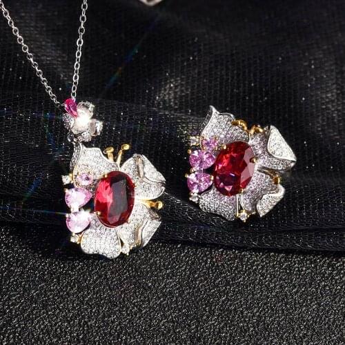 Ruby 925 sterling silver jewelry set Ladies Luxury Gift Ring Necklace Pendant Wedding Flower Ladies Jewelry