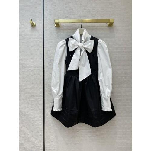 Piece Two Luxury Brand Set Mini Women 2021 Spring Summer Puff Sleeve Lace-up Bow White Blouse Rhinestone Black Dress Sets