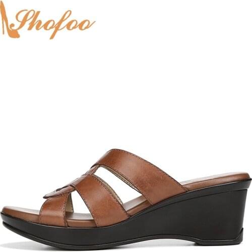 Brown High Wedge Heels Platform Sandals Woman Round Toe Slip On Large Size 14 15 For Ladies Fashion Casual Mature Shoes Shofoo