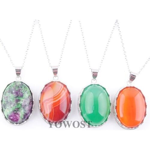 Natural Stone Cute Egg Shape Pendant & Necklace Agates Rose Quartzs Beads with Chain For Girls Women Jewelry Chain 45cm QBN376