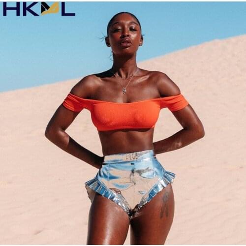 Summer Ruffle Solid Holiday Zipper PU Leather Shorts Women Streetwear High Waist Sexy Night Club Booty Shorts Y2K 2021