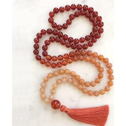 Mala 108 Beads Necklace Orange Aventurine Knotted Necklace With Silk Tassel Chakra Jewelry Yoga Necklaces For Girlfriend