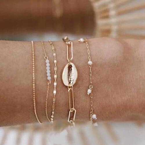 Fashion simple bangle bracelet for women with crystal /rhinestone/resin beads and shell design in mixed link chains bransoletka