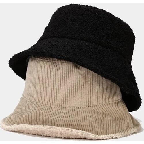 New Women Plus Plush Corduroy Bucket Hat Female Solid Winter Solid Streetwear Warmer Folding Big Wide Visor Vintage Flat Hats