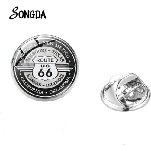 New ROUTE 66 Brooch USA Road Symbol Multistyle Glass Dome Clothes Jackets Badge Stainless Steel Lapel Pins for Men Women