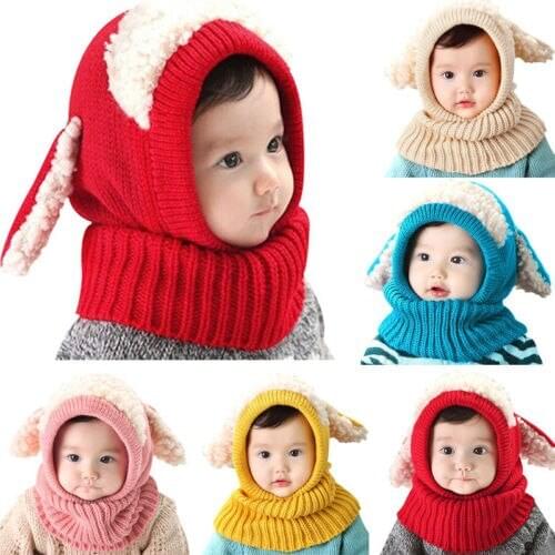 New Autumn Winter Warm Cute Baby Knit Beanie Girls Sheep Hat Baby Cotton Cartoon Scarf Earflap Knitted Cloaks Woollen Caps
