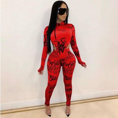 Fall Winter Womens Two Piece Set Fashion Long Sleeve Bodysuit Tops and Pants Suit Letter 2 Piece Matching Sets Sexy Club Outfits