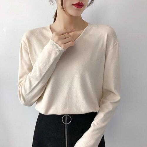 Autumn New Sweater Loose Wild Solid Color Knitted Pullover Fashion Casual V-Neck Long Sleeve Bottoming Top Sweaters