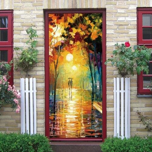 Couple Umbrella Forest Light Romantic Door Stickers Self Adhesive Home Decor Art Door Mural DIY Renovation Door Wallpapers Decal