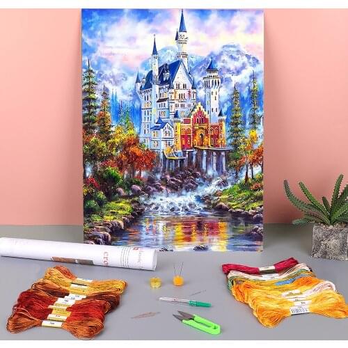 Scenery Street Landscape Printed Canvas 11CT Cross Stitch DIY Embroidery Full Kit DMC Threads Sewing Needlework Decor