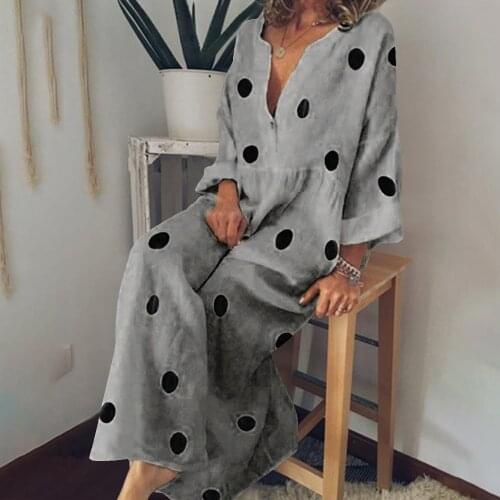 Polka Dot Maxi Dress V-Neck Long Sleeve Casual Boho Beach Dress Plus Size Women Fashion Elegant Button Down Loose Office Dress