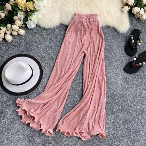 Popular Elastic Waist Pleated Flare Pants Chic Street Trendy Wide Leg Trousers Women Retro Long Pants