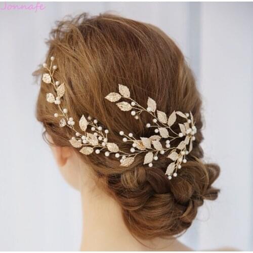 Jonnafe 2018 Boho Gold Leaf Women Hair Vine Bridal Headband Pearls Hair Jewelry Wedding Crown Accessories Handmade
