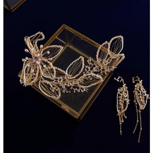 European Gold Crystal Brides Hairbands with Earring Headbands Bridal Leaves Hair Accessories Crystal Headpieces