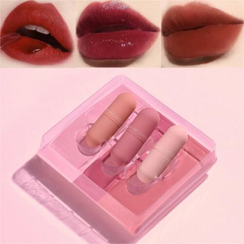 Pudaier 3 Pcs/set Matte Lip Gloss Tint Lips Makeup Moisturizer Liquid Matt Lipstick Long Lasting Nude Mat Red Brown Lipgloss Set